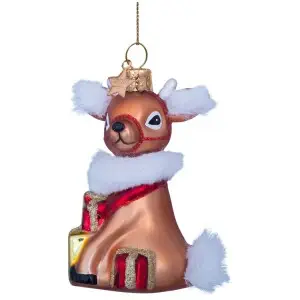 Vondels Ornament glass brown reindeer w/gifts, Juletræspynt rensdyr m/gaver